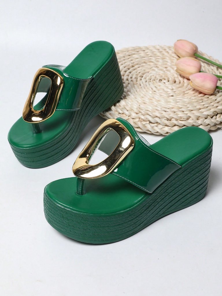 Green Women's Metal Buckle Wedge Heel Sandals